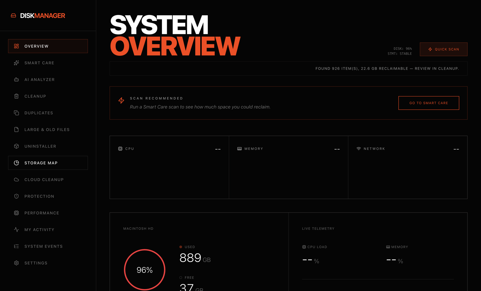 DiskManager System Overview dashboard showing disk usage, CPU, memory and network telemetry